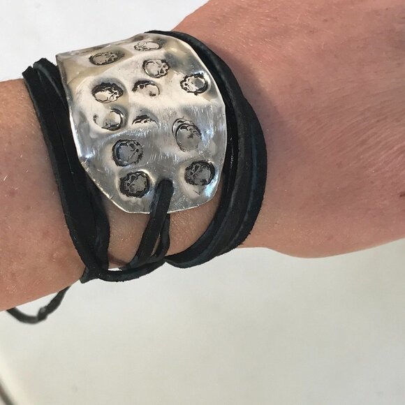 Rustic Skull Biker Wrap Bracelet Solid Sterling Silver 925 Cuff Genuine Suede - Picture 7 of 8